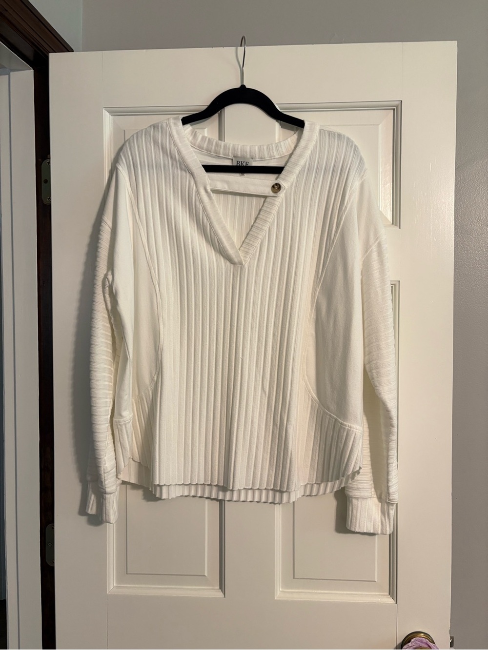 BKE Cream Ribbed V-Neck Pullover with Button Accent
